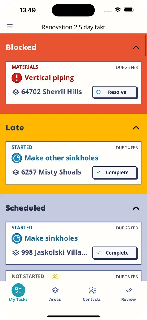 MestaBuild mobile task list